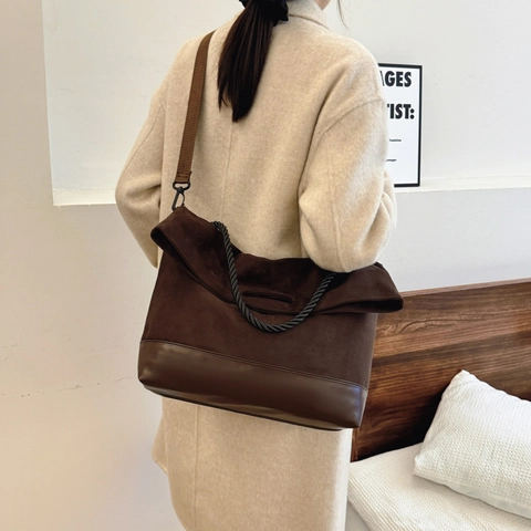 Bolso Tote Grande Cuero PU Y Ante Empalmado Color De Contraste Asa De Cuerda Trenzada Correa Ancha Ajustable Retro Mujer