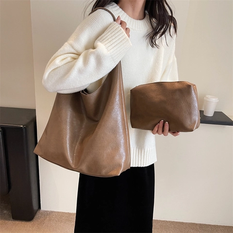 Damen PU Leder Hobo Schultertasche Große Kapazität Vintage Minimalistische Pendler Tote Mit Innentasche