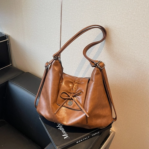 Sac Fourre-Tout En Cuir PU Grande Capacité Pour Femmes Avec Décoration De Nœud Papillon Sac À Épaule Froncé Rétro Style Coréen