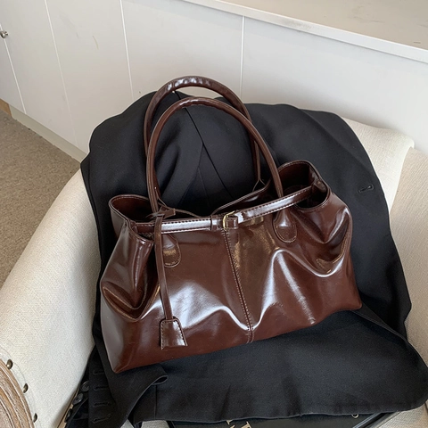 Sac Cabas En Cuir PU Brillant Grande Capacité Sac À Main Épaule Sous L'aisselle Style Rétro Vintage Femme Élégant Décontracté