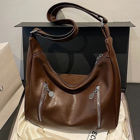 Borsa A Spalla Hobo Donna Grande Capacità Pelle PU Retro Minimalista Tote Con Doppia Cerniera Decorazione Tracolla Larga