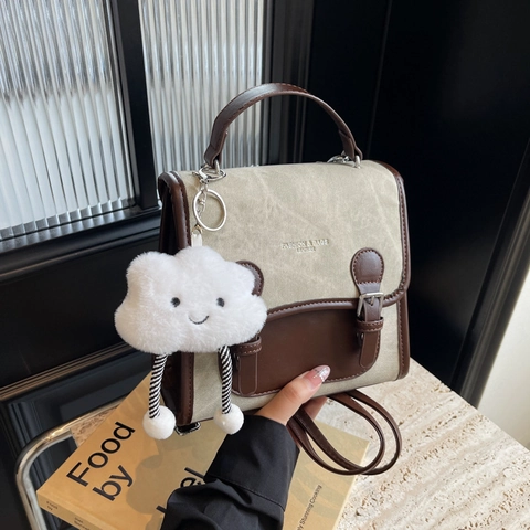 Zaino Patchwork Retrò Donna Pelle PU Tela Colore A Contrasto Borsa A Mano Preppy Zaino Scolastico Con Ciondolo Nuvola