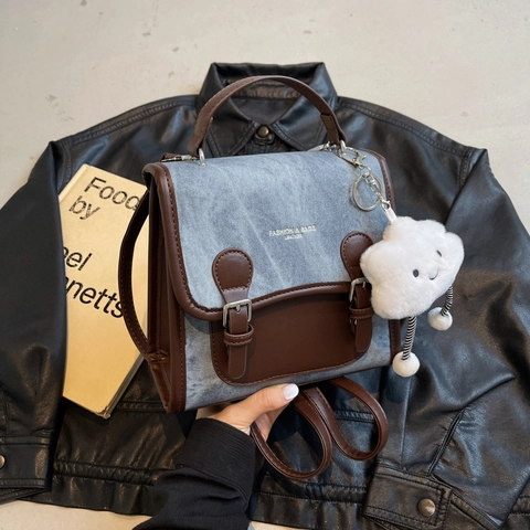 Zaino Patchwork Retrò Donna Pelle PU Tela Colore A Contrasto Borsa A Mano Preppy Zaino Scolastico Con Ciondolo Nuvola