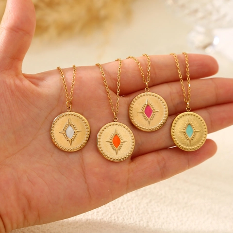 Vintage Ronde Munt Hanger Ketting 18K Verguld Roestvrij Staal Sterren Enamel Sieraden Voor Dames