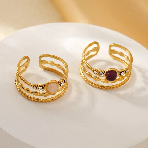 Vintage Hohler Mehrlagiger Offener Ring Edelstahl Mit Naturstein Und Zirkonia Für Frauen Retro Schmuck