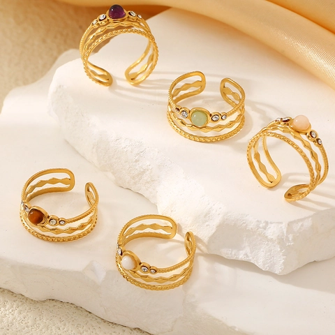 Vintage Hohler Mehrlagiger Offener Ring Edelstahl Mit Naturstein Und Zirkonia Für Frauen Retro Schmuck