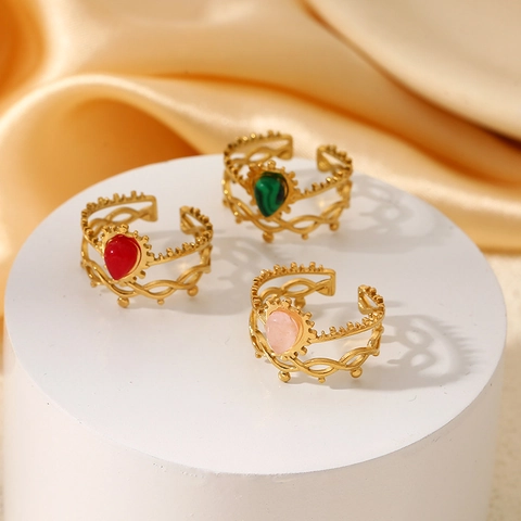 Anillo Francés Vintage De Acero Inoxidable Chapado Oro 18K Piedra Natural Lágrima Inlay Banda Abierta Ajustable