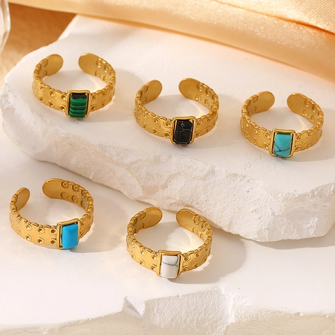 Vintage Open Adjustable Ring Stainless Steel Natural Stone Turquoise Rectangular Hammered Texture Bohemian Jewelry For Women