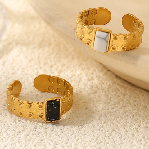 Vintage Open Adjustable Ring Stainless Steel Natural Stone Turquoise Rectangular Hammered Texture Bohemian Jewelry For Women