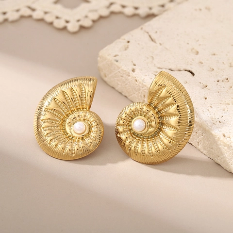 18K Gold Plated Stainless Steel Stud Earrings With Shell Artificial Pearl Zircon Waterproof Non-Tarnish Vintage Jewelry For Women