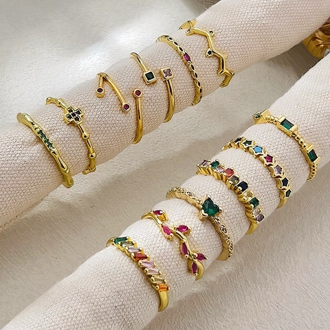 Anello Regolabile Donna Rame Zircone Colorato Micro Castone Francese Dolce Geometrico Cuore Croce Gioielli
