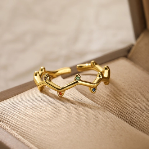 Anello Regolabile Donna Rame Zircone Colorato Micro Castone Francese Dolce Geometrico Cuore Croce Gioielli