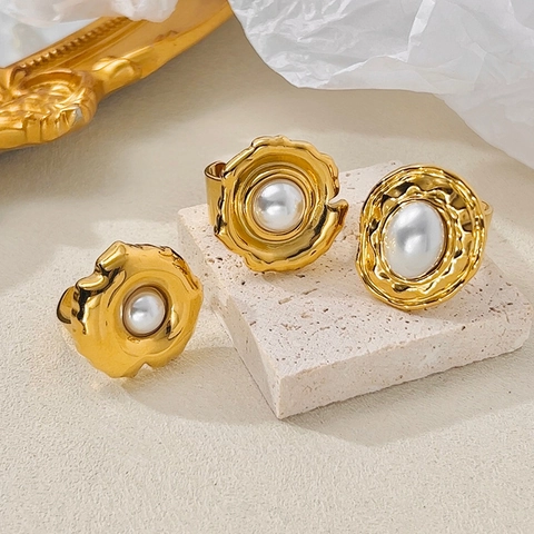Anello Aperto In Acciaio Inossidabile Placcato Oro 18K Con Perla Artificial Vintage Per Donna Regolabile Stile Francese Gioielli Di Lusso