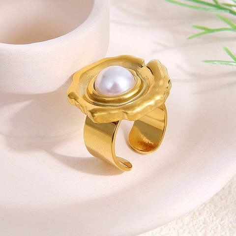 Anillo Ajustable De Acero Inoxidable Con Perla Artificial Chapado En Oro De 18K Vintage Irregular Geométrico Joyería Para Mujer