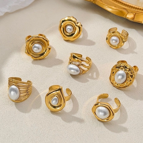 Anillo De Perla Artificial De Estilo Francés Vintage Para Mujer Acero Inoxidable Geométrico Martillado Chapado En Oro Ajustable Abierto
