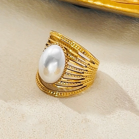 Anello Di Künstliche Perle In Acciaio Inossidabile Da Donna Placcato Oro 18K Vintage Irregolare Largo Regolabile Anelli Aperti Gioielli