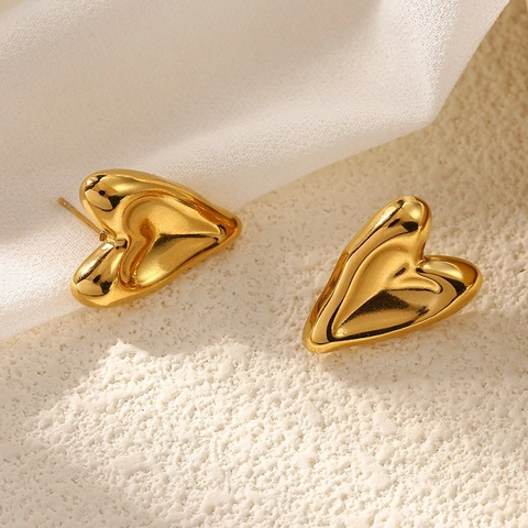 Heart Stud Earrings Stainless Steel 18K Gold Plated Waterproof Non-Tarnish Minimalist Liquid Metal Wavy Geometric