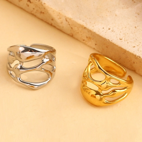Holle Geometrische Open Ring Roestvrij Staal 18K Verguld Verstelbaar Minimalistische Vloeibaar Metaalstijl Voor Dames