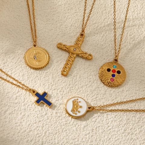 Roestvrijstalen Kruis Hanger Ketting Voor Dames Heren Verguld Waterdicht Emaille Boze Oog Kroon Maan Zon Sieraden