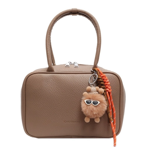 Sacs À Main En Cuir PU Motif Litchi Pour Femmes Sac À Épaule Boston Rétro Avec Pendentif Ours En Peluche Mode