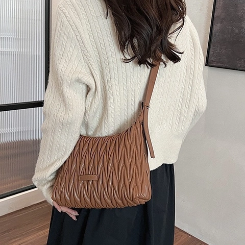 Plissee PU Leder Schultertasche Damen Mit Schleife Verstellbarer Riemen Modische Minimalistische Unterarm Hobo Tasche