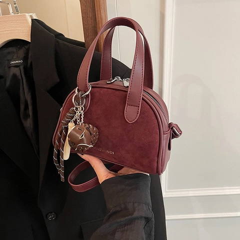 Vintage Mini Shoulder Bag Women PU Leather Suede Stitching Crossbody Handbag With Baseball Charm Retro Urban Style
