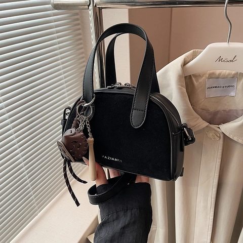 Vintage Mini Shoulder Bag Women PU Leather Suede Stitching Crossbody Handbag With Baseball Charm Retro Urban Style