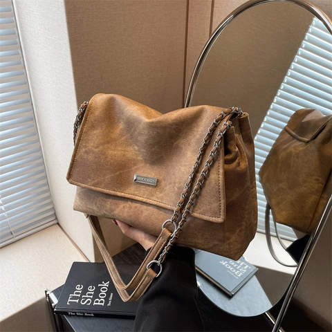Bolso De Hombro Para Mujer Retro Cuero PU Correa De Cadena Solapa Bolso De Axila Minimalista Moda Versátil Color Sólido