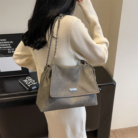 Bolso De Hombro Para Mujer Retro Cuero PU Correa De Cadena Solapa Bolso De Axila Minimalista Moda Versátil Color Sólido