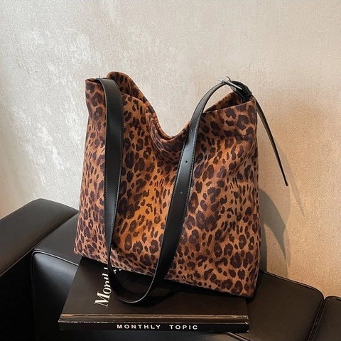 Vintage Große Kapazität Tote Bag Wildleder Leopardenmuster Slouchy Hobo Schultertasche Verstellbarer Riemen Für Damen