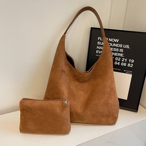 Vintage Suede Tote Bag For Women Large Capacity Maillard Matte Shoulder Bag With Small Zipper Pouch Commuter Handbag