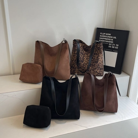 Vintage Große Kapazität Tote Bag Wildleder Leopardenmuster Slouchy Hobo Schultertasche Verstellbarer Riemen Für Damen