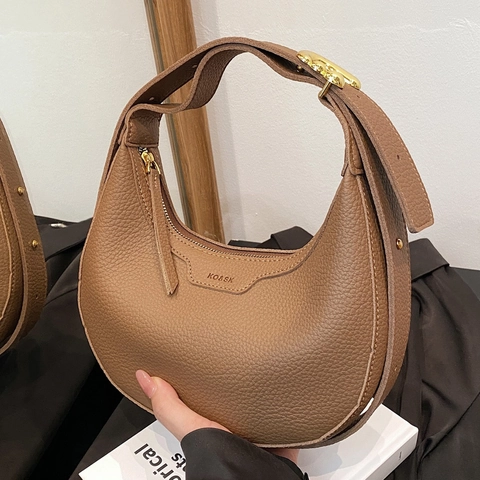 Women Half Moon Hobo Bag Lychee Grain Synthetic Leather Adjustable Shoulder Strap Zipper Closure Urban Chic Crescent Crossbody Bag