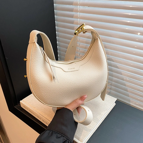 Women Half Moon Hobo Bag Lychee Grain Synthetic Leather Adjustable Shoulder Strap Zipper Closure Urban Chic Crescent Crossbody Bag