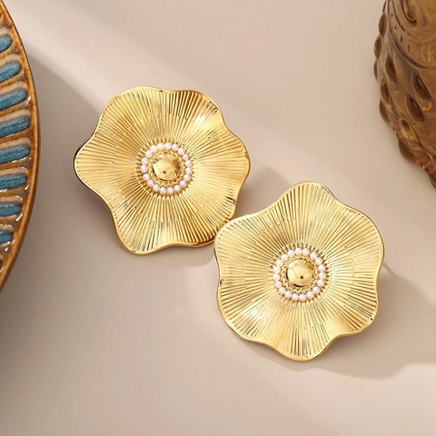 Roestvrijstalen Bloem Oorbellen Met Gesimuleerde Kunstparels Frans Vintage Hart Schelp Geometrische Mode-Sieraden Voor Dames