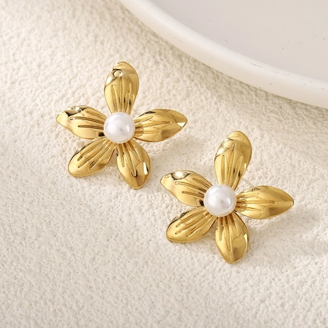 Vintage Stainless Steel Flower Shell Heart Stud Earrings For Women Waterproof Gold Plated Artificial Pearl Zirconia Jewelry