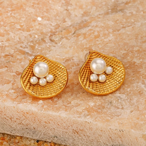 Orecchini In Acciaio Inossidabile Con Perla Artificial Conchiglia Fiore Cuore Stella Marina Per Donna Placcati In Oro Impermeabile Gioielli Retro