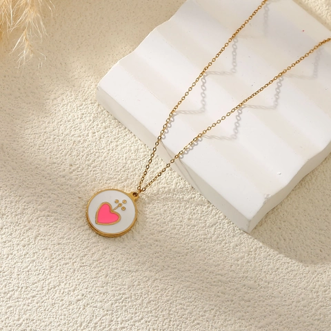 Collana Con Ciondolo A Medaglia Rotonda Cuore Vintage Acciaio Inossidabile Placcato Oro Smalto Gioielli Chic