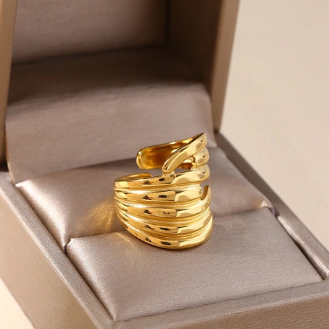 Irregular Wave Stainless Steel Ring For Women Waterproof Minimalist Liquid Metal Style Adjustable Open Chunky Jewelry