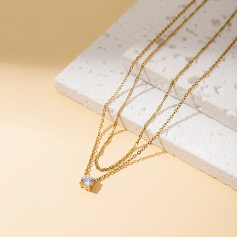 Layered Double Layer Necklace Stainless Steel Cubic Zirconia Round Pendant Simple Minimalist Style For Women