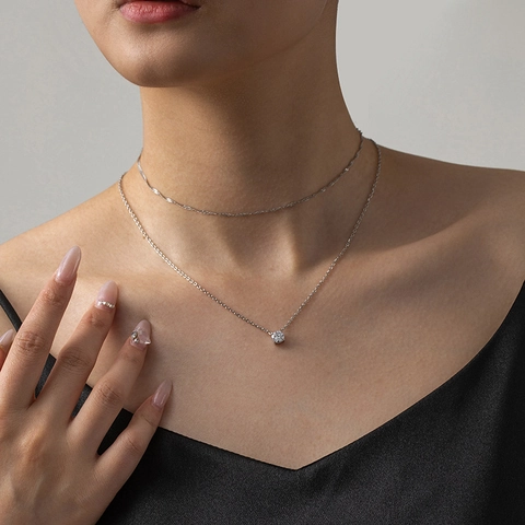 Layered Double Layer Necklace Stainless Steel Cubic Zirconia Round Pendant Simple Minimalist Style For Women