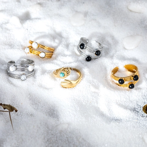 Vintage Edelstahl Ringe Naturstein 18K Vergoldet Verstellbar Offener Fingerschmuck Für Frauen Böhmischer Stil