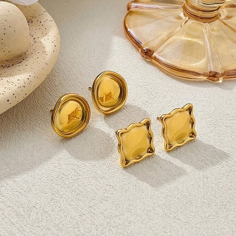 Vintage Gold Plated Stainless Steel Stud Earrings Irregular Concave Geometric Minimalist Accessories For Women