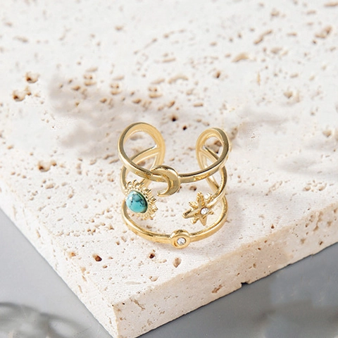 Himmlische Sonne Mond Stern Ringe Vintage Edelstahl Türkis Verstellbarer Bohème Fingerschmuck Für Frauen