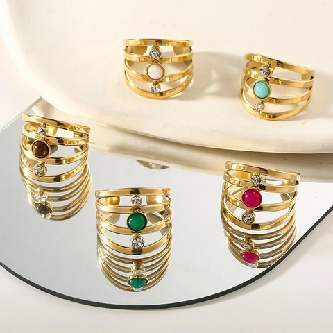 Multi Layer Hollow Stainless Steel Rings For Women Colorful Gemstone Zircon Fashion Wide Band Open Adjustable Ring
