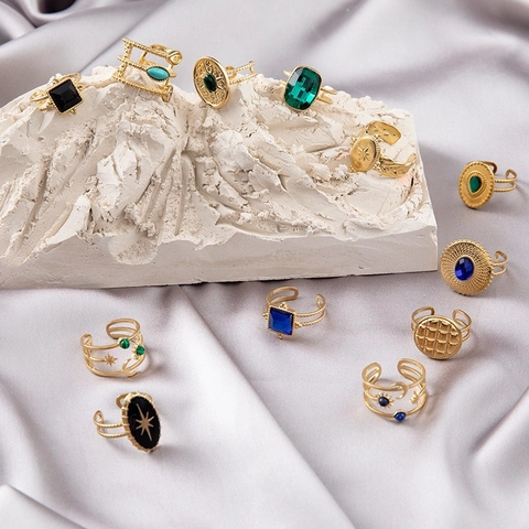 Vintage Böhmische Edelstahl Ringe Offen Verstellbar Vergoldet Himmelsstern Mond Bunter Stein Schmuck Für Frauen