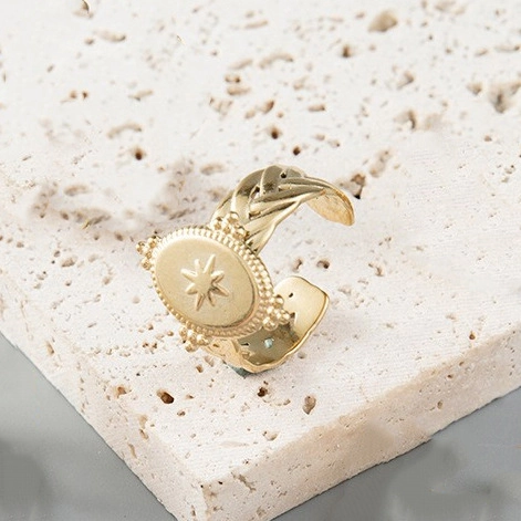 Vintage Starburst Disc Ring Gold Plated Stainless Steel Adjustable Open Band Retro Geometric Gemstone Jewelry For Women