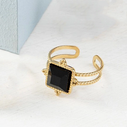 Retro Geometric Open Ring Stainless Steel Hollow Double Layer Adjustable Jewelry For Women With Gemstone