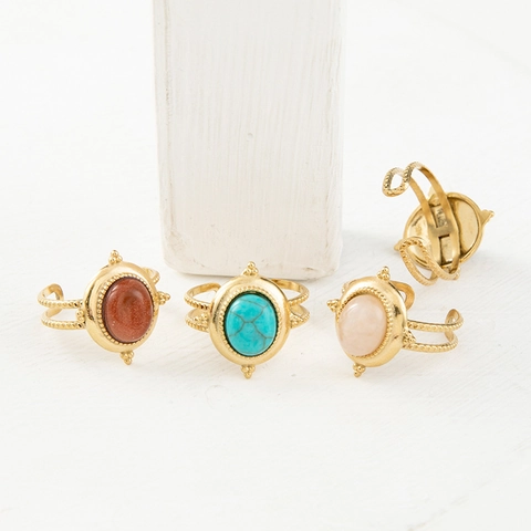 French Retro Stainless Steel Adjustable Open Ring With Multi Color Natural Stone Inlaid Luxury Fashion Jewelry For Women