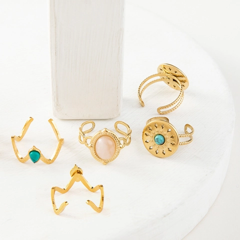Böhmischer Naturstein Edelstahl Offener Verstellbarer Ring Für Damen Vintage Retro Vergoldeter Schmuck